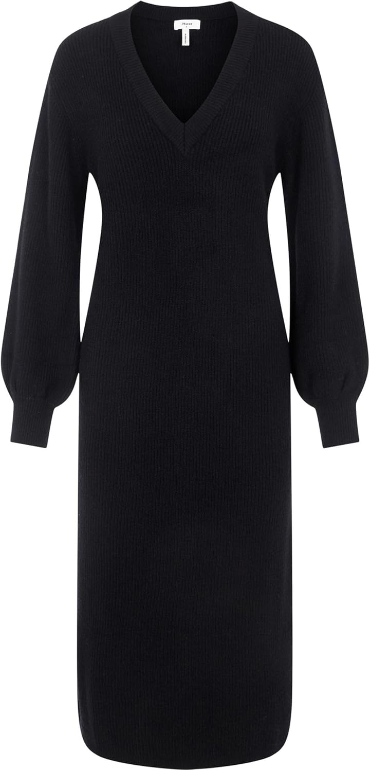 Object Damen Objmalena L/S Knit Dress Noos Strickkleid, Schwarz, L EU