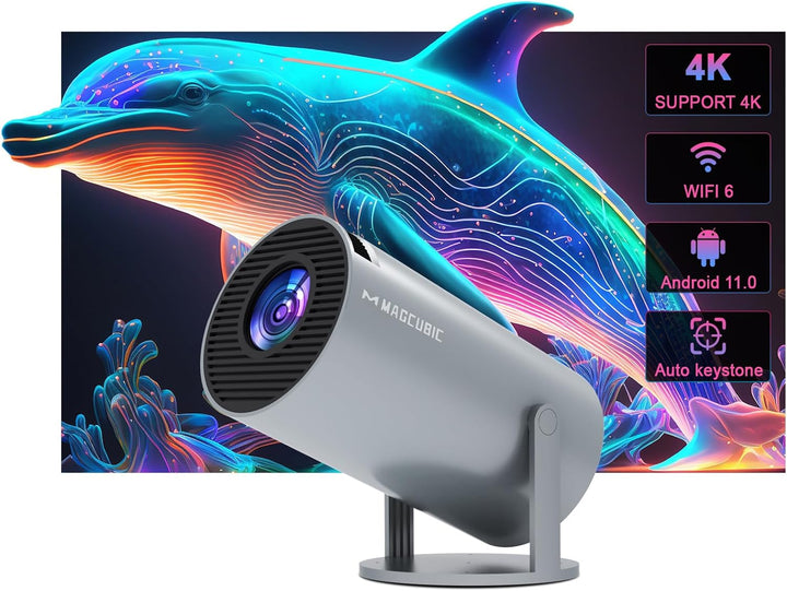 Automatische Trapezkorrektur Mini Tragbarer Beamer, 4K/ 200 ANSI Smart Projektor mit WiFi6, BT 5.0,