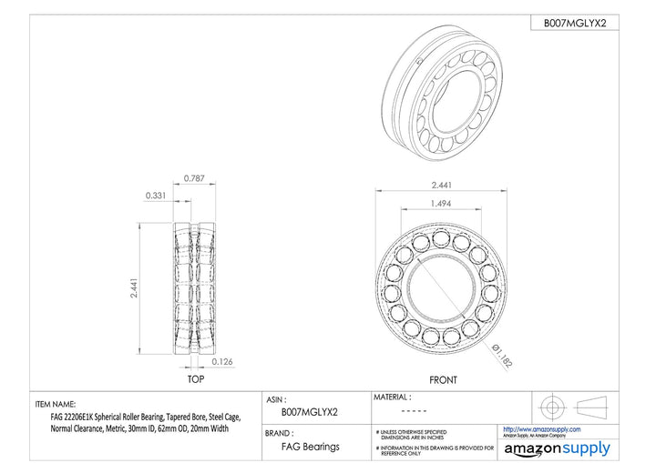 FAG 22206-E1 Kugelrollenlager, 30 mm Ø x 62 mm Ø x 20 mm