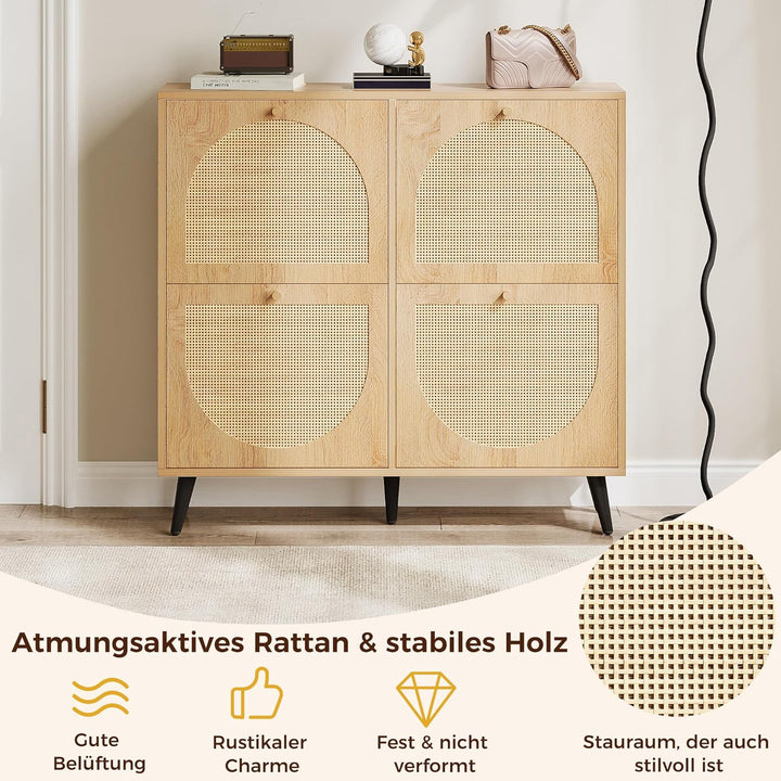 IRONCK Schuhschrank Rattan, schmal Schuhkipper mit 4 Klappen, freistehende Schuhregal, Schuhkommode