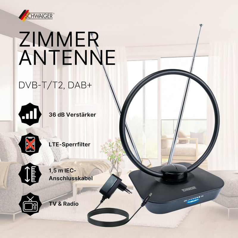SCHWAIGER 720365 DVB-T2 Zimmerantenne aktiv mit Verstärker DAB+ DVB-T Antenne Fernsehen LTE-Sperrfil