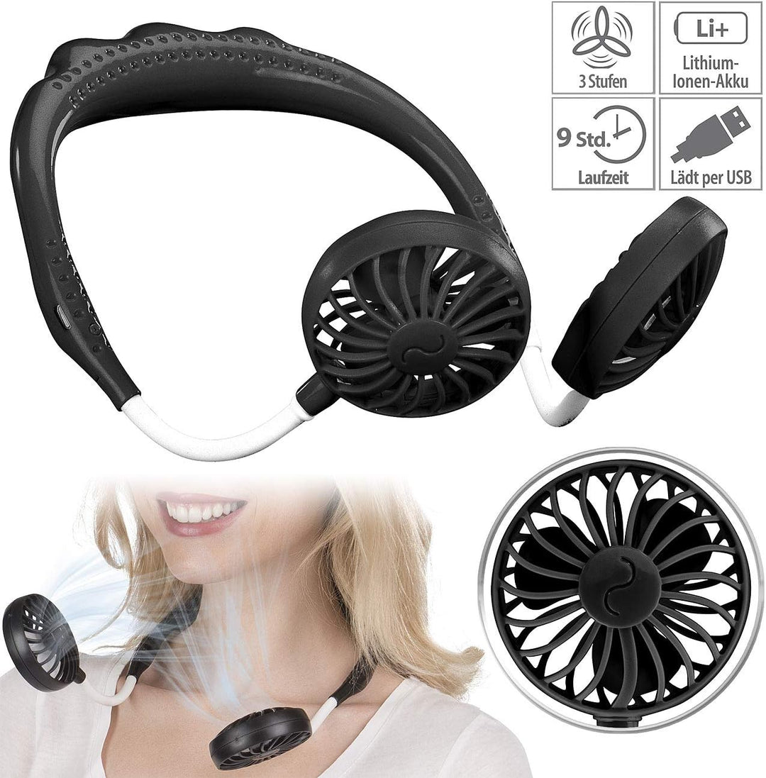 infactory Ventilator zum Umhängen: Mobiler Akku-Doppelventilator zum Umhängen, 3 Geschwindigkeitsstu