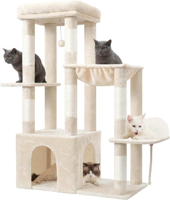 Heybly Kratzbaum 120cm - Grosser Katzenbaum für Erwachsene Katzen mit XL-Basis, Katzenwohnung mit Me