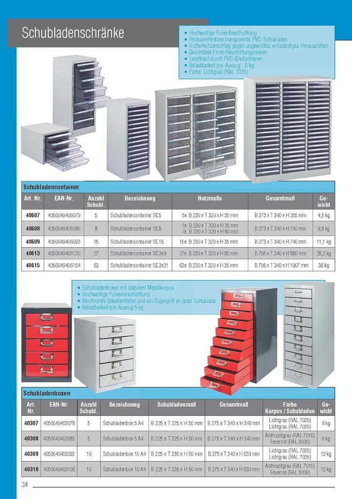 ADB Metall Schubladencontainer - 15 PVC Schubladen, herausnehmbar, Sicherheits-Anschläge, pulverbesc