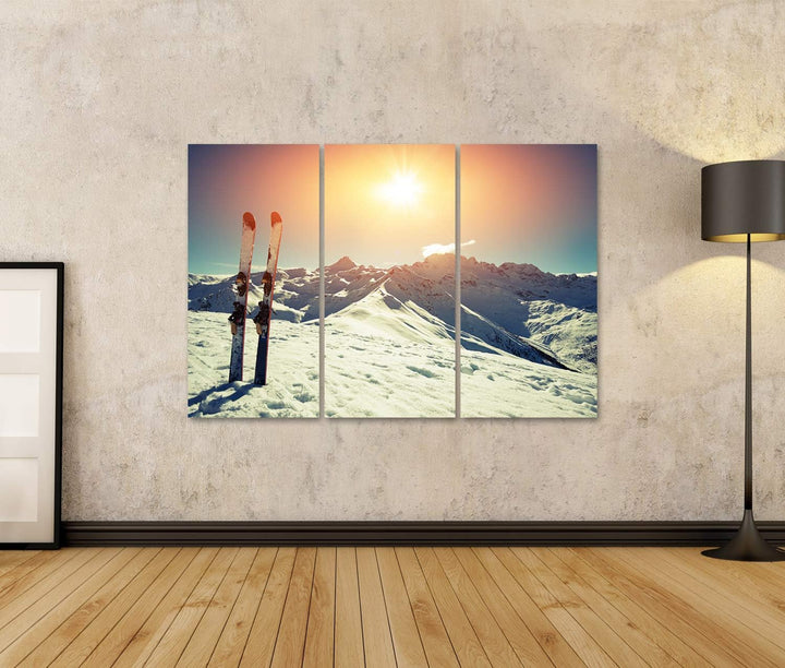 islandburner Bild auf Leinwand Ski Im Schnee Im Gebirge Bilder Wandbilder Poster 130x80cm - 3 Teile,