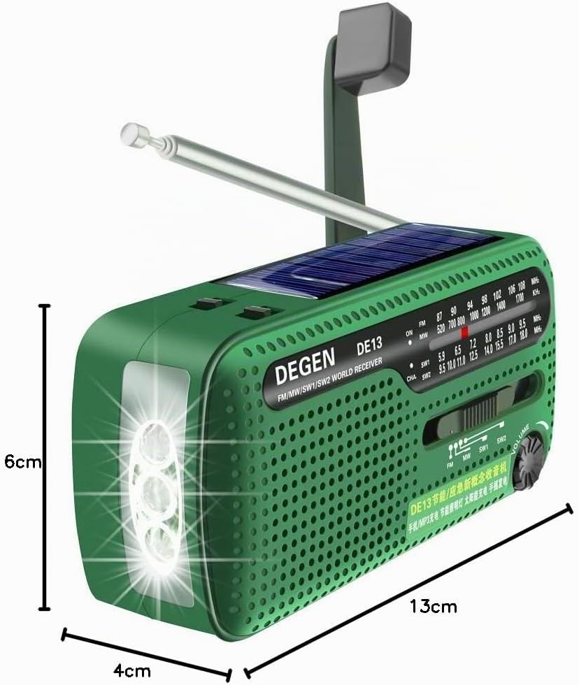 Degen DE13 Cranked Solar FM AM SW Receiver with Flashlight/SOS Alarm/Rechargeable Cell Phone for Eme