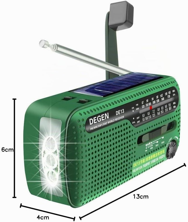 Degen DE13 Cranked Solar FM AM SW Receiver with Flashlight/SOS Alarm/Rechargeable Cell Phone for Eme