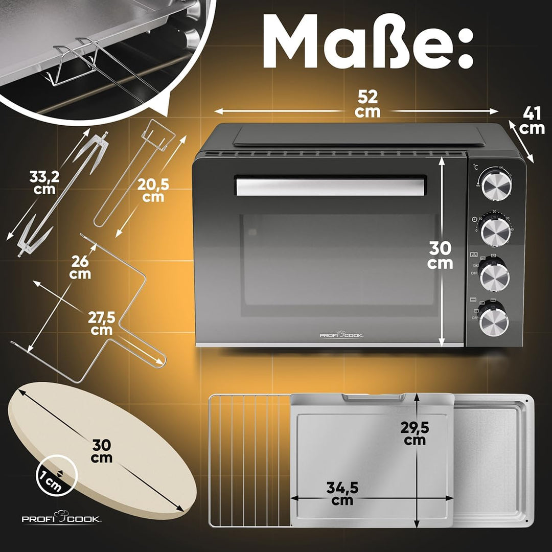 ProfiCook Minibackofen 30L | Umluft + Ober-/Unterhitze | Mini Backofen mit Drehspiess und Pizzastein