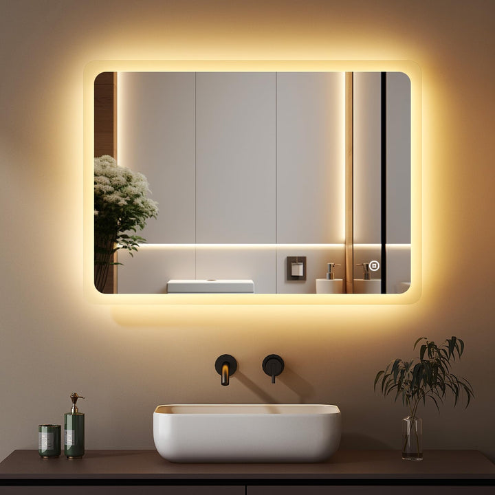 Boromal LED Badspiegel mit Beleuchtung 80x60cm Badezimmerspiegel 3 Lichtfarbe 3000-6500K 2880LM Warm