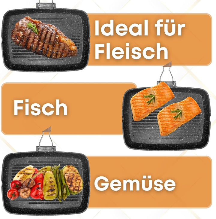 NAMAI - Grillpfanne mit Induktion, klappbarer Griff, platzsparend, 36 cm x 24 cm, antihaftbeschichte