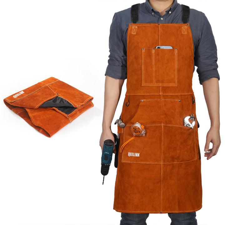 QeeLink Schweisserschürze Leder mit 6 Taschen, Lederschürze – Flammhemmende & Hitzebeständige Arbeit