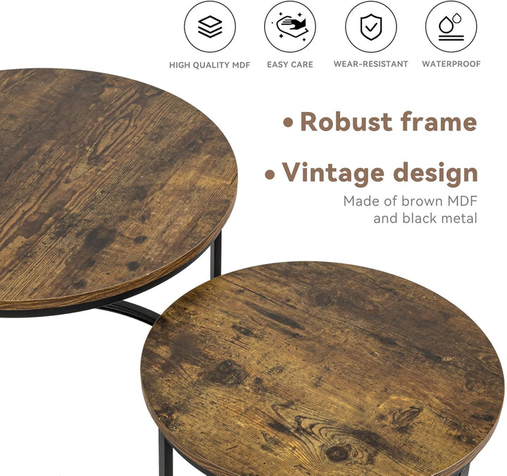 2 Stücke Beistelltisch Set rund, Couchtisch aus Holz mit Metallrahmen,Moderne Kaffeetische Satztisch