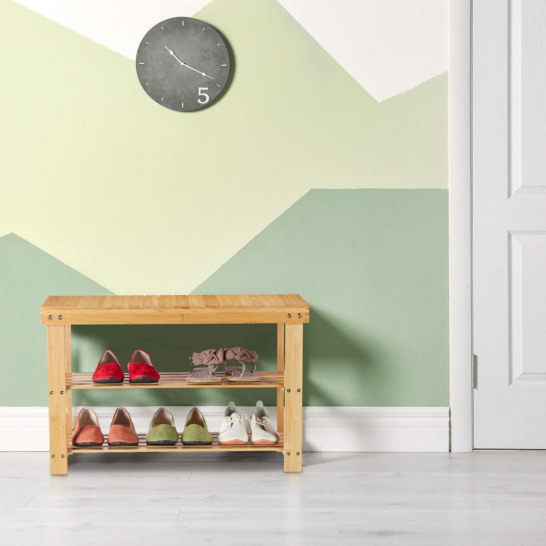 Relaxdays Schuhregal Bambus, Schuhbank mit Sitzfläche & 2 Ablagen, Sitzbank Flur, Badezimmerbank, 45