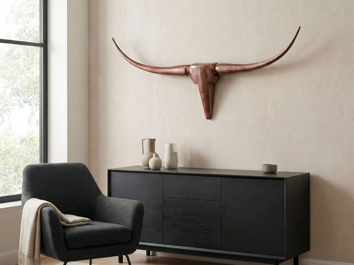 FineBuy Deko Geweih Bull M FB37860 Bronze 100 cm Aluminium Design Hörner, Wanddekoration Stierkopf H