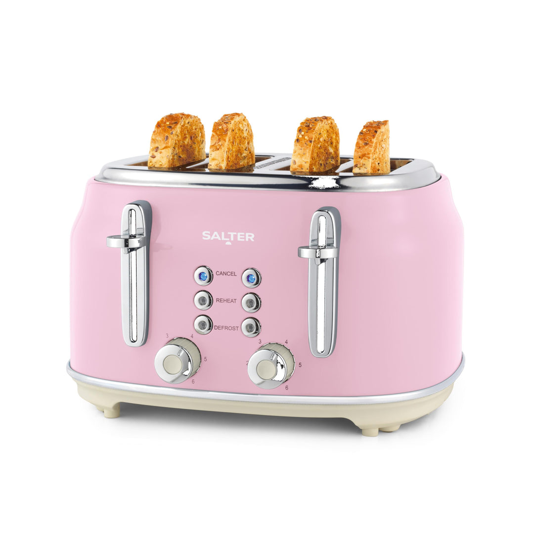 Salter Retro Toaster 4 Scheiben – Breite Schlitze, 6 Bräunungsgrad, Auftauen, Aufwärmen, Abbrechen F