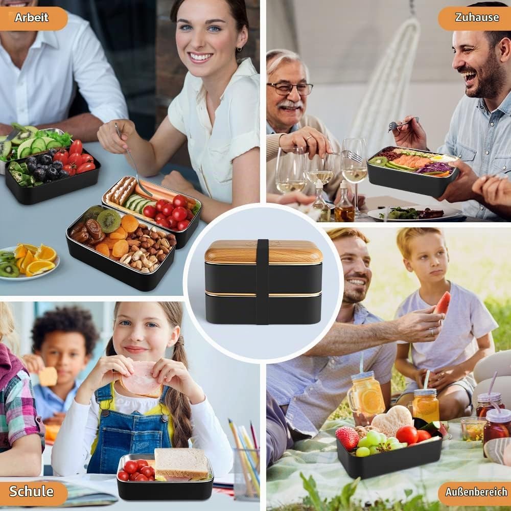Bento Box im japanischen Stil 2-stufige Lunchbox mit 2 Stück umweltfreundlichem PP-Behälter und Edel