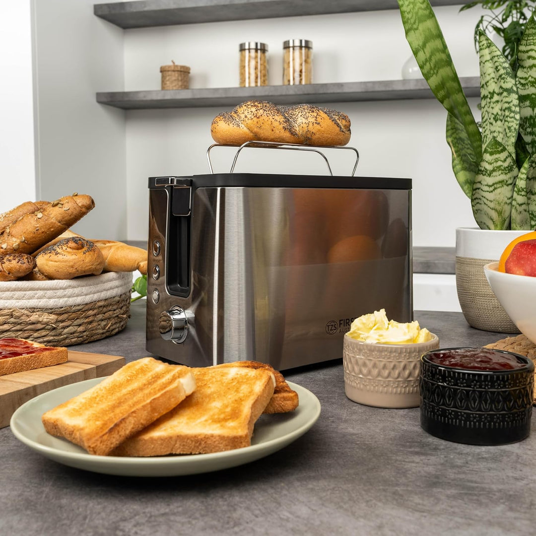 TZS First Austria Edelstahl 2-Scheiben Toaster | 6 Bräunungsstufen, Auftau- und Aufwärmfunktion | in