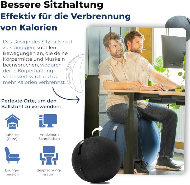 Sitzball Büro Ergonomisch 65 cm, Ergonomische Sitzmöbel für Büro und Heimbüro, Langlebiger Stoff, Gy