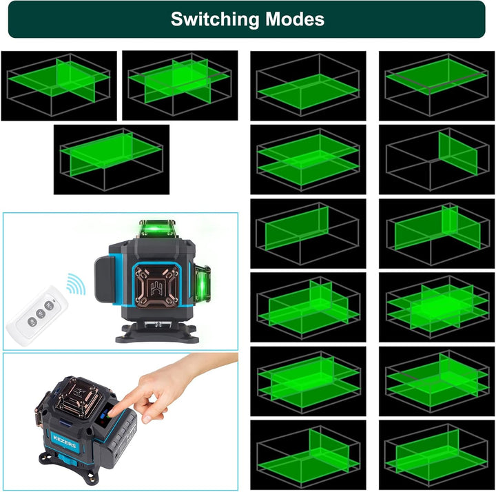 KEZERS Kreuzlinienlaser Set mit Stativ, 4 x 360 Laser-Wasserwaage mit Empfänger und Nivellierlatte f