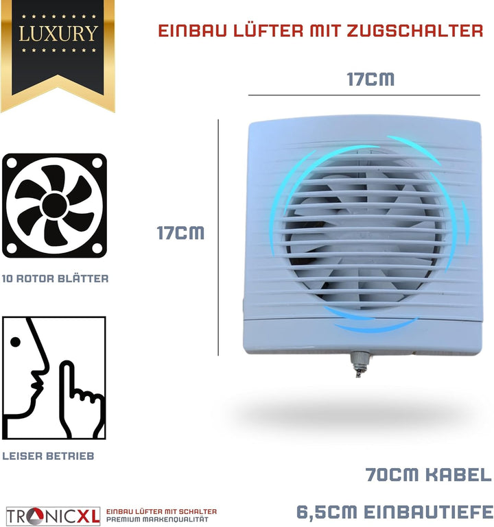 230V Badlüfter mit Kabel Schalter und Stecker IPX4 125mm Abluft/Zuluft Lüfter Ventilator mit Netzste
