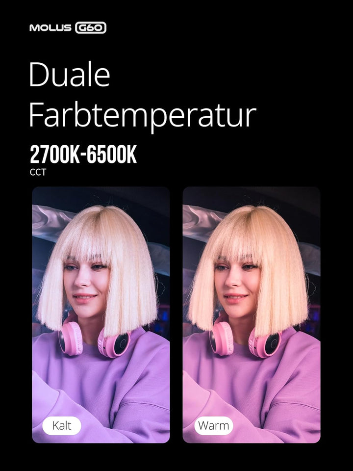 ZHIYUN Molus G60 [Official] Videoleuchte 60W, COB LED Videolicht Tragbar, Bi-Color Streaming Licht m