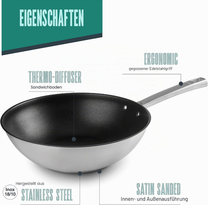 LACOR - 45728 - Wok Foodie, Edelstahl 18/10, antihaftbeschichtet, mit Titan, PFOA-frei, ergonomische