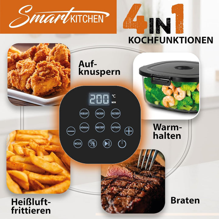 Smart Kitchen Glas-Heissluftfritteuse 4-in-1 – Air Fryer für Backen, Recrisp & Max Crisp – 4 L + 1,5