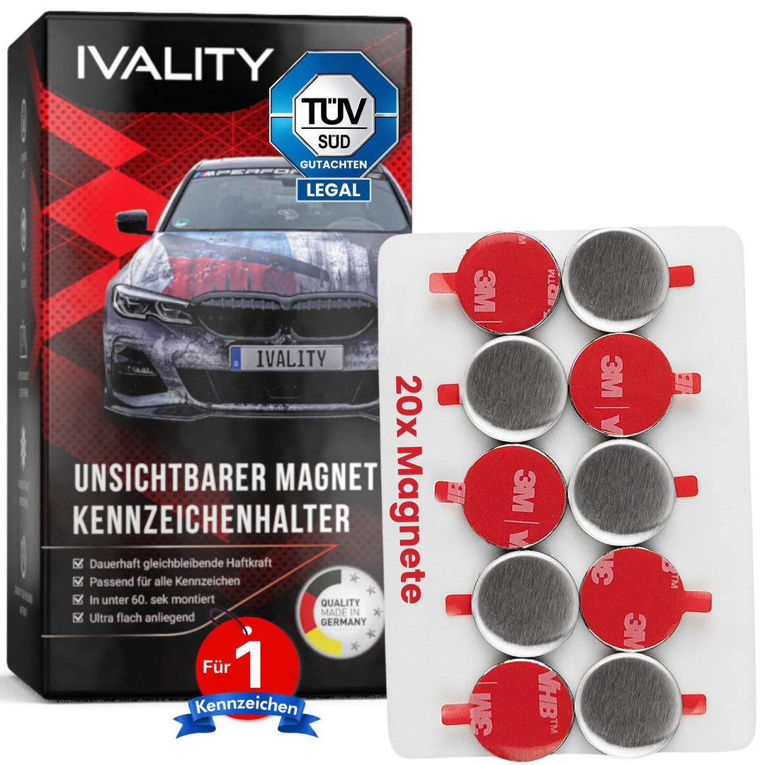IVALITY® 100% Clean Magnetischer Kennzeichen-Halter - Rahmenloser Magnet-Halter für 1x Kennzeichen -