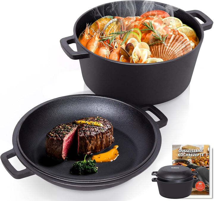 Todeco 26cm Gusseisen Bräter mit Deckel backofengeeignet, 5L 2in1 Gusseisen Topf inkl. Rezeptbuch, B
