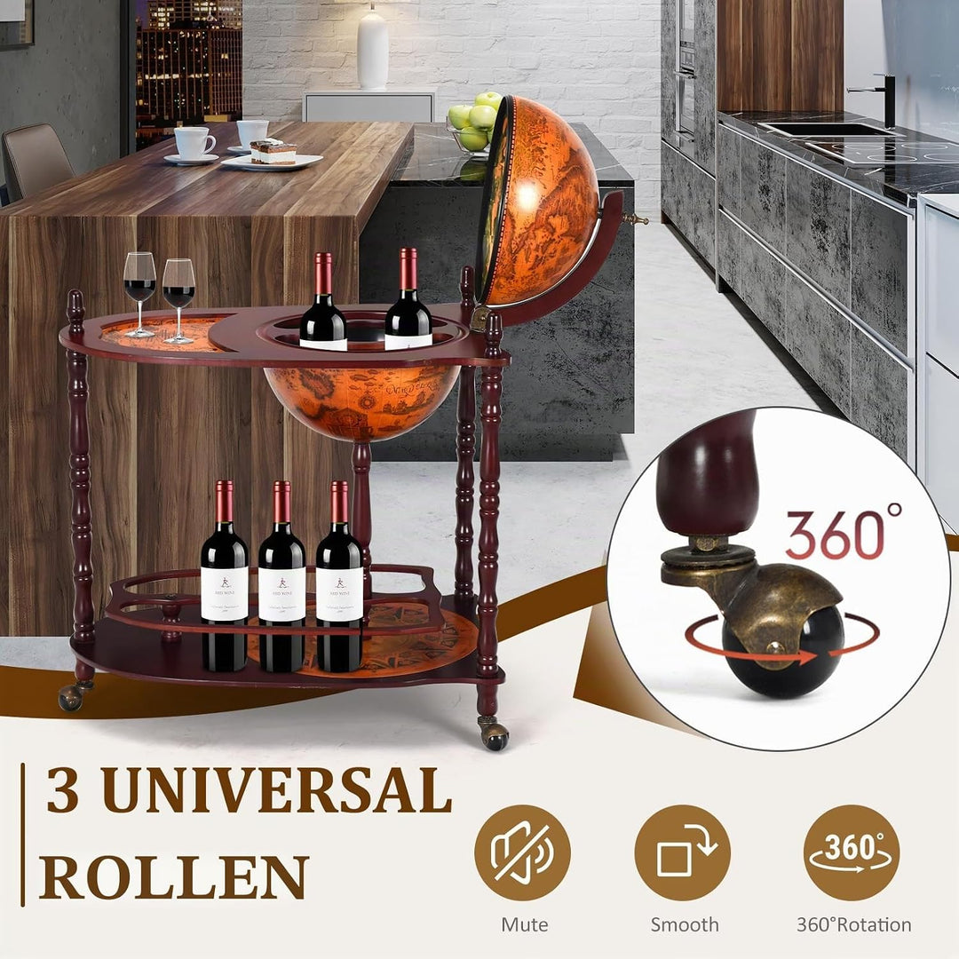 KOMFOTTEU Globus Bar Barwagen, Minibar mit Rollen, Weinregal mit Klassischem Design, Cocktailbar Bar