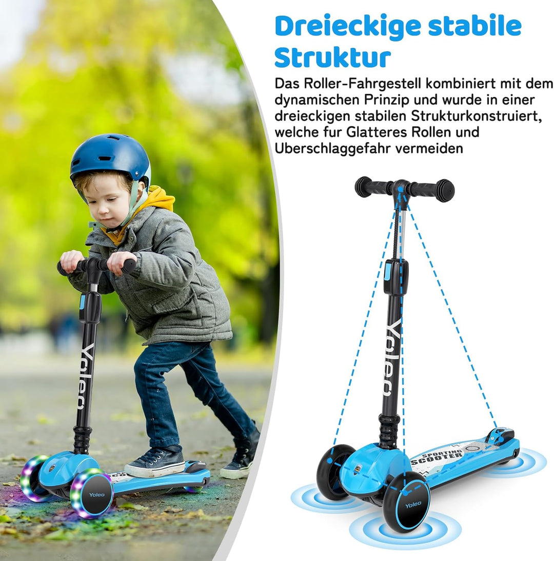 YOLEO Kinderoller Kinderscooter Dreiradscooter mit LED Räder, 2-Rädern Hinterbremsen,4 Höhenverstell