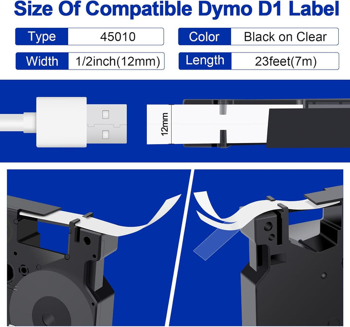 4x 45010 Etikettenband 12mm Kompatibel mit Dymo D1 Plastic Clear Schriftbänder, Schwarz auf Transpar