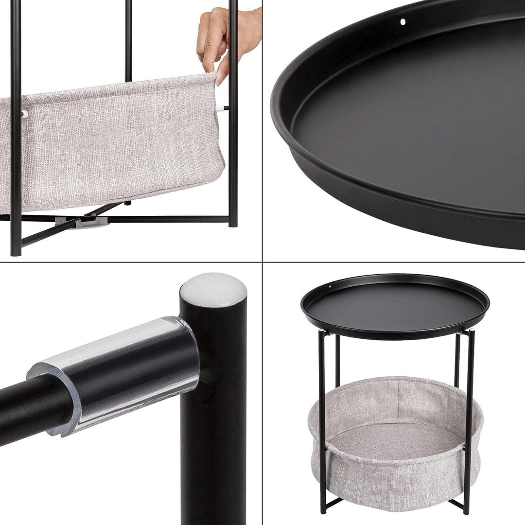 ONVAYA® Beistelltisch Linda rund | Schwarz | Couchtisch mit Korb &amp; Tablett | aus Metall | für Wohnzi