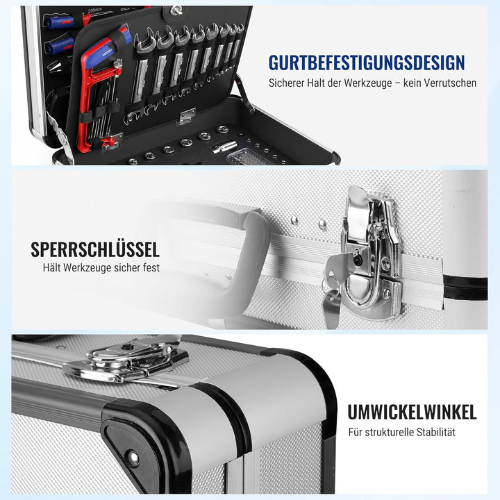 WORKPRO Werkzeugkoffer gefüllt Aluminum Haushalt Werkzeugkiste, Steckschlüssel-Satz Gabelschlüssel U