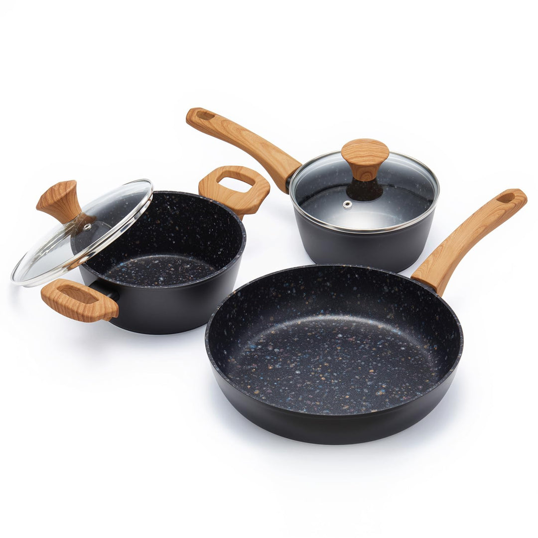 Topf & Pfanne Set grosse Bratpfanne - keramikbeschichteter Aluminiumholzgriff, alle Herdplatten (3,