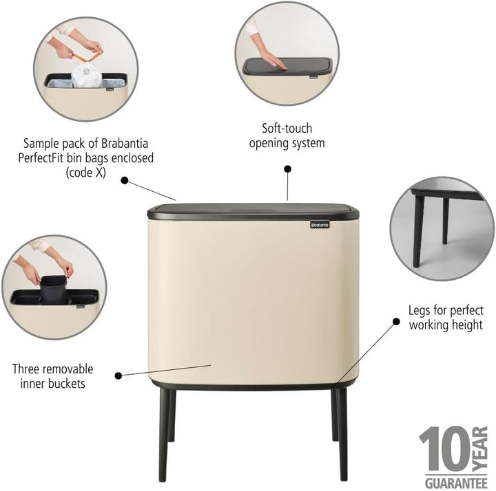 Brabantia - Bo Touch Bin 3x11L - Grosser Mülleimer für die Küche - Soft-Touch-Öffnung - Entnehmbarer