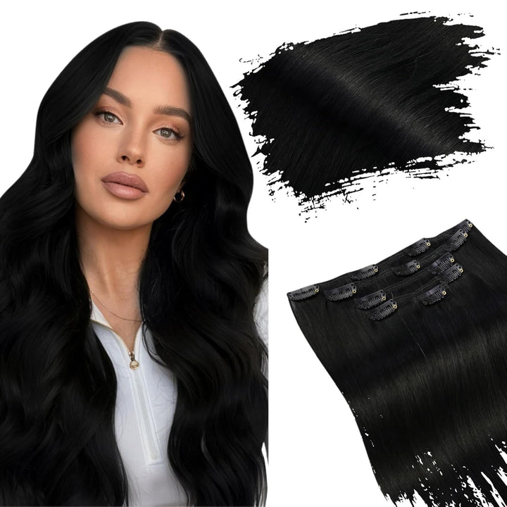 Ugeat 30cm Clip Extension Echthaar Schwarz Doppelt Tressen Haar Clip Extensions 5Stück Haarverlänger