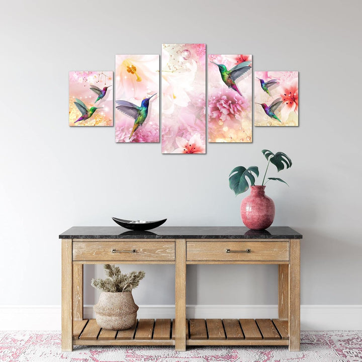 Runa Art Wandbilder Blumen Kolibri 5 Teilig Bild auf Vlies Leinwand Deko Wohnzimmer Vintage Rosa Bun