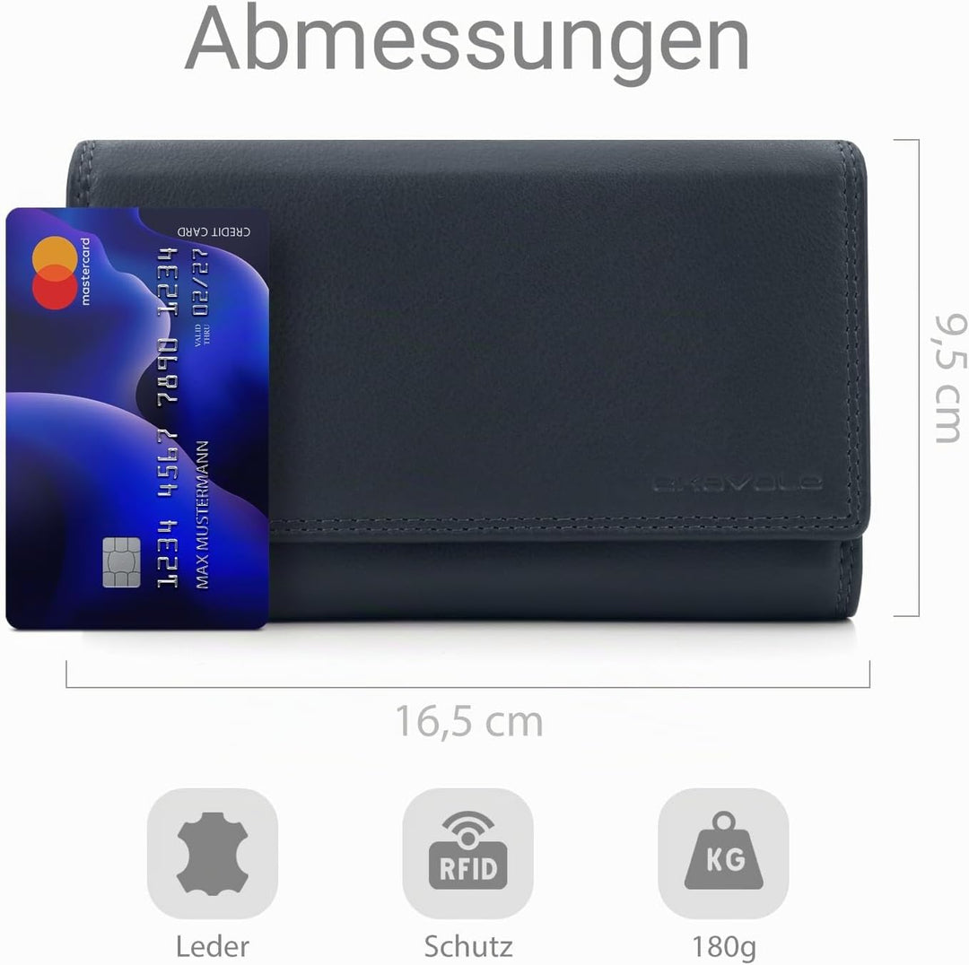 ekavale Damen-geldbörse XXL aus Rindsleder mit RFID Leder-Geldbörse mit vielen Fächern für Frau (Nav