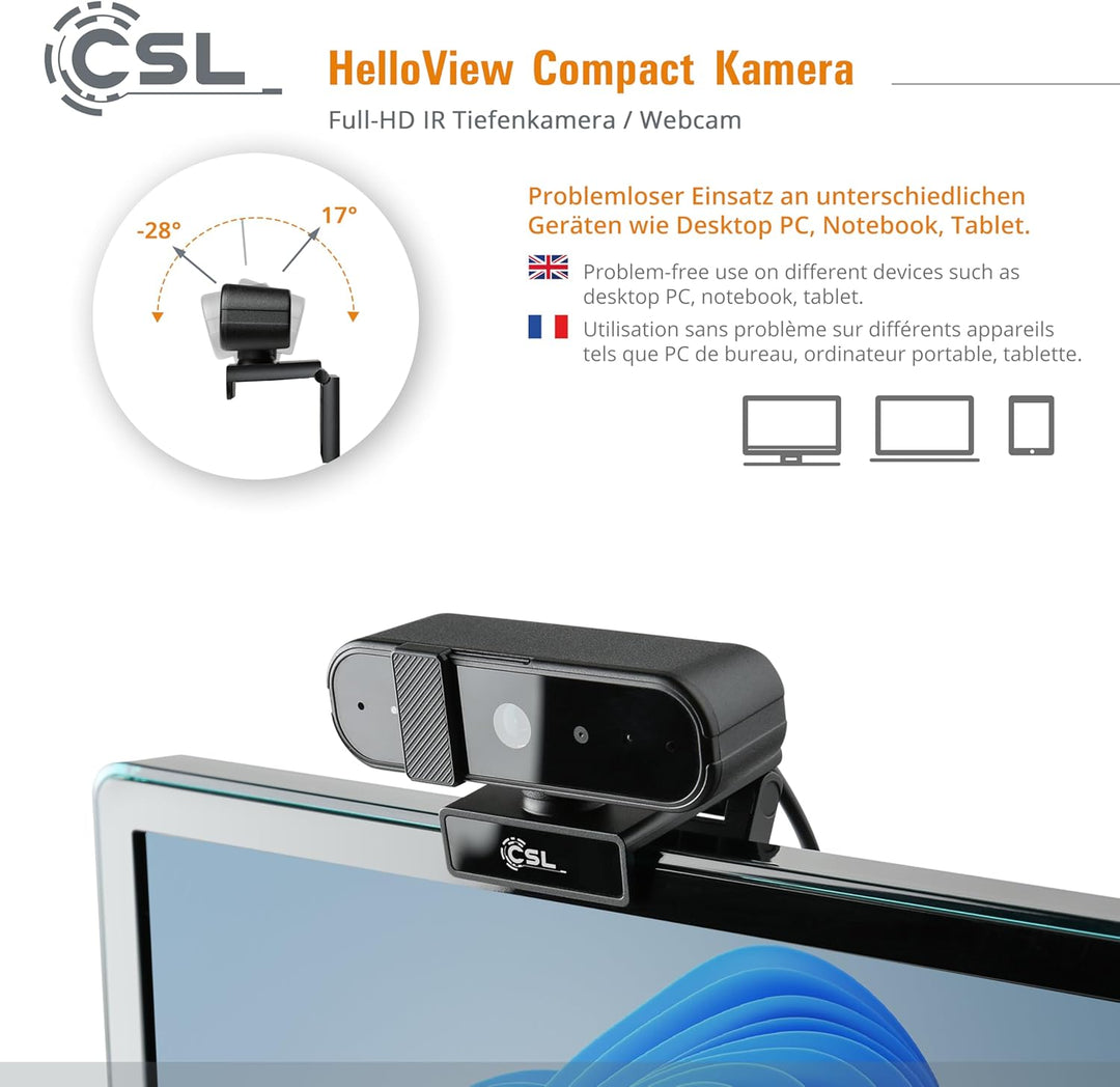 Windows Hello Kamera - CSL HelloView Compact RGB-Webcam, Infrarot-Tiefenkamera, 1920x1080@30Hz, inte