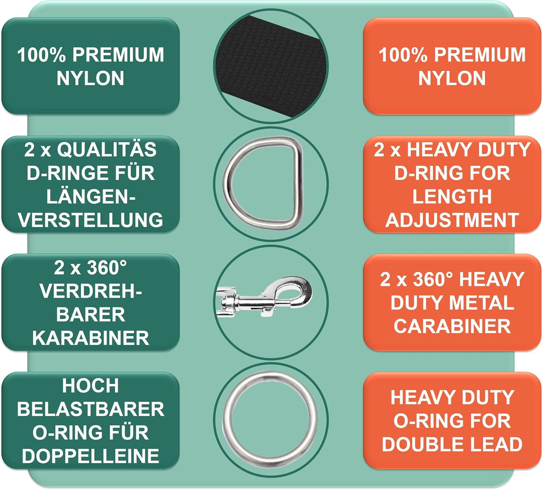 DEY - Premium Hundeleine Nylon 2m | 3fach Verstellbar | für Kleine, Mittelgrosse u. Grosse Hunde | v