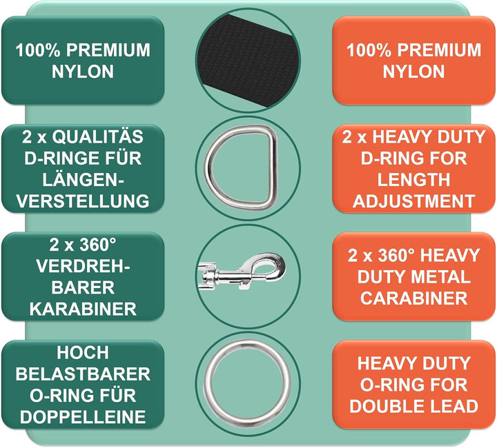 DEY - Premium Hundeleine Nylon 2m | 3fach Verstellbar | für Kleine, Mittelgrosse u. Grosse Hunde | v