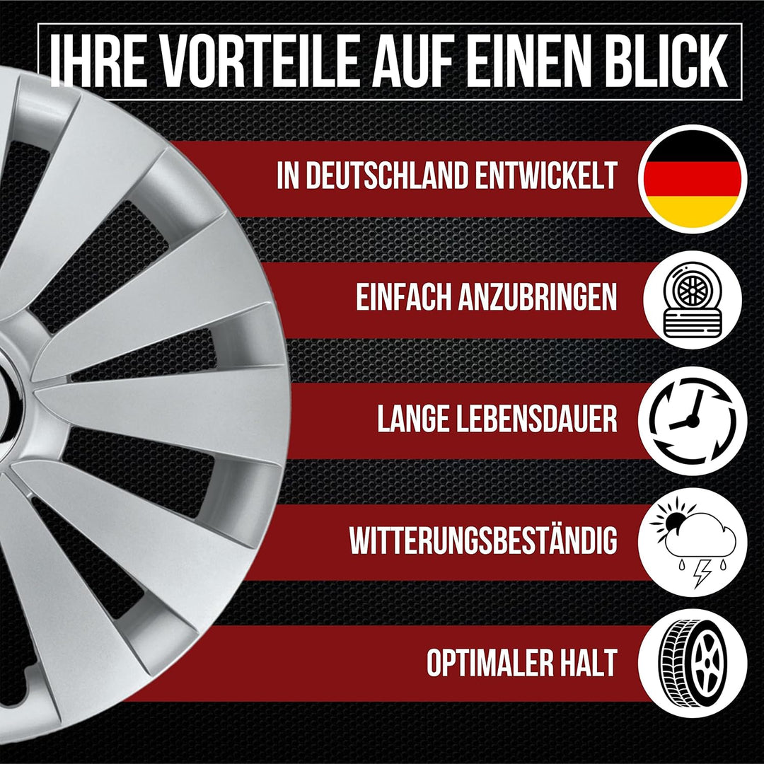 Albrecht 16 Zoll Radkappen silber für Stahlfelgen - Sky Radzierblenden aus hochwertigem Kunststoff -