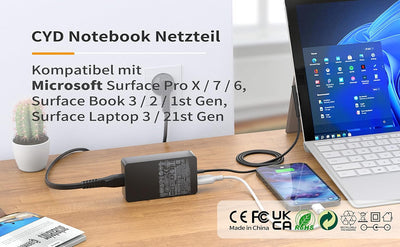 CYD 15V 127W Ladegerät-Charger-Notebook Netzteil für Surface Pro 8, Surface Go 3, Surface Laptop Stu