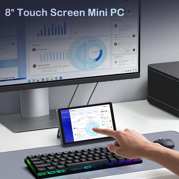 Mini PC N150 (bis zu 3,6 GHz), Micro Desktop Computer 12 GB DDR5 RAM, M.2 SSD Mini-PC mit 8-Zoll-Tou