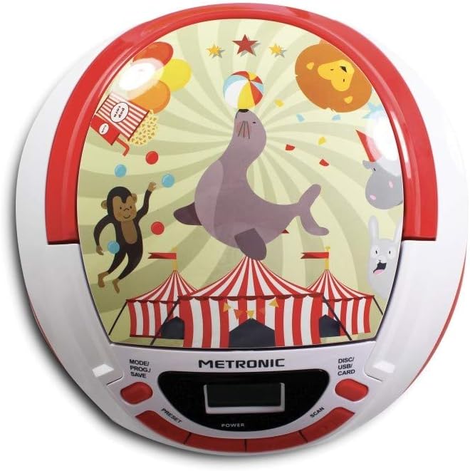 Metronic 477145 CD-Player für Kinder, Zirkus, mit USB-/AUX-IN-Port Rot/Weiss, Rot/Weiss
