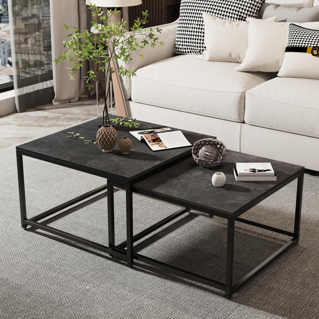 FATIVO Couchtisch Schwarz Marmor Wohnzimmertisch: beistelltisch 2er Set modern sofatisch quadratisch