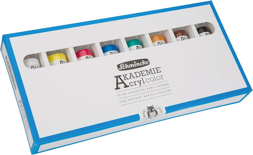 Schmincke – AKADEMIE Acryl, Grundsortiment 8 x 60 ml-Tuben, 76 011 097, Kartonset, brillante, farbst