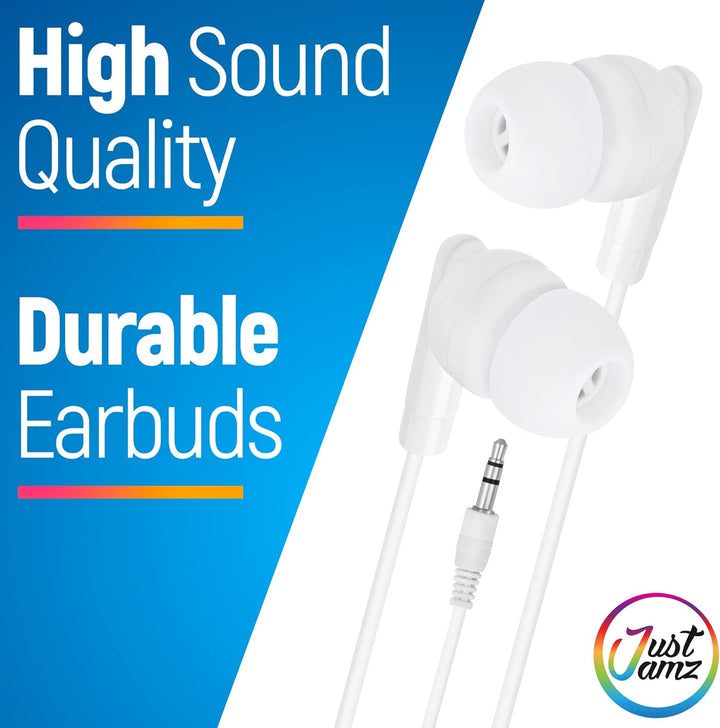 JustJamz® Basic | 100 Stück | Schüttgut einfache Ohrhörer, perlweisse In-Ear-Ohrhörer, 3.5-mm-Audiob