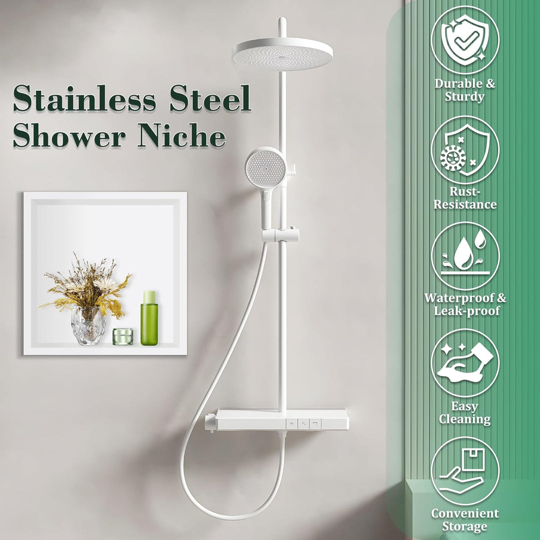 FTL Wandnische Dusche Weiss 30 x 30 x 10 cm Duschnische 304 Edelstahl,Keine Fliesen Erforderlich Wan